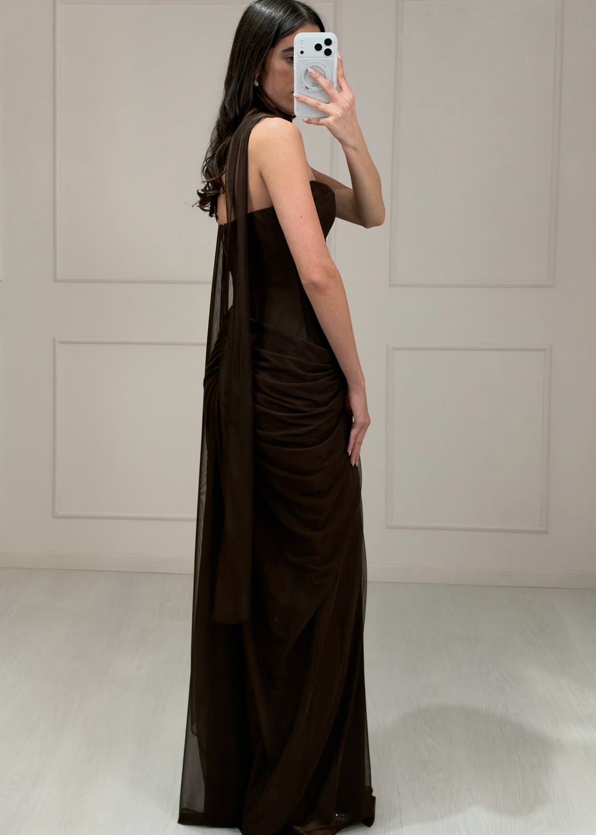 Vestido Café Mesh Strapless Drapeado