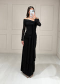 Vestido Negro Manga Larga Estolas Mesh