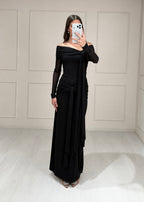 Vestido Negro Manga Larga Estolas Mesh