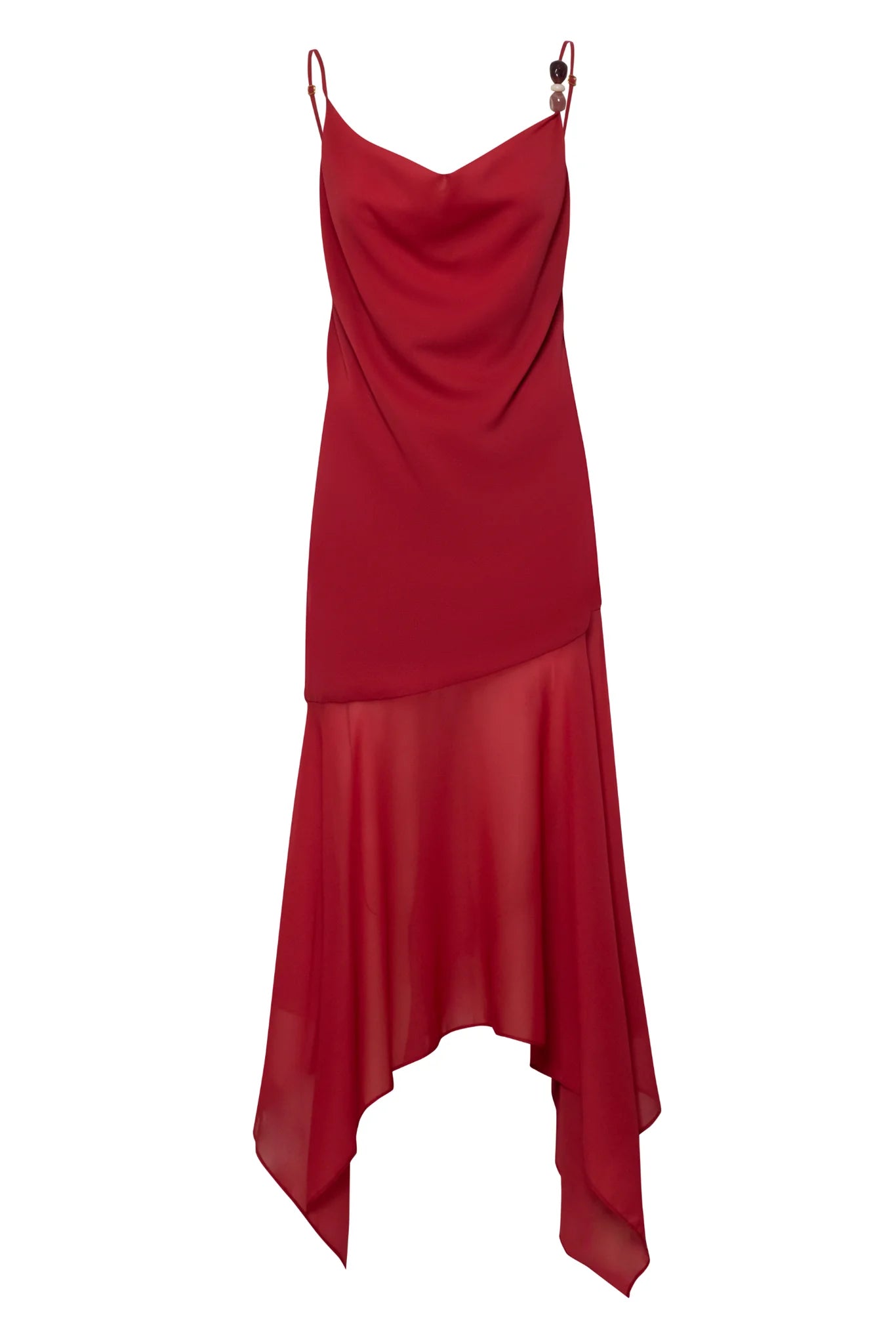 VESTIDO ROJO TIRANTES BORLAS GASA PICOS