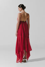 VESTIDO ROJO TIRANTES BORLAS GASA PICOS