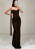 Vestido Café Mesh Strapless Drapeado