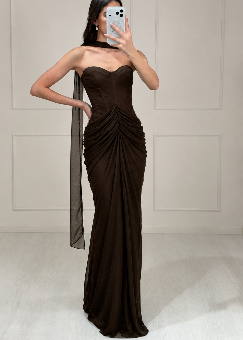 Vestido Café Mesh Strapless Drapeado