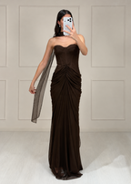 Vestido Café Mesh Strapless Drapeado