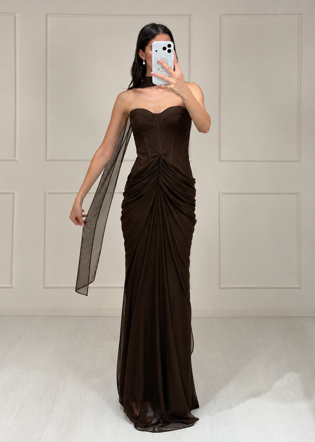 Vestido Café Mesh Strapless Drapeado
