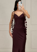 Vestido Uva Satín Tirantes Hojas Recto