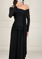 Vestido Negro Manga Larga Estolas Mesh
