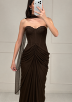 Vestido Café Mesh Strapless Drapeado