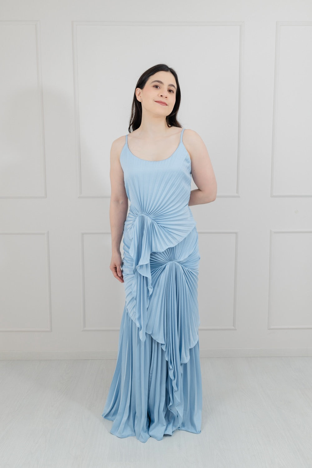 Vestido Azul Cielo Tableado Pliegues
