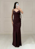Vestido Uva Satín Tirantes Hojas Recto