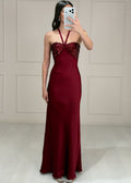 Vestido Vino Halter Satín Copas Lentejuela