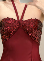 Vestido Vino Halter Satín Copas Lentejuela