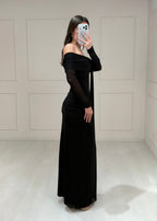 Vestido Negro Manga Larga Estolas Mesh