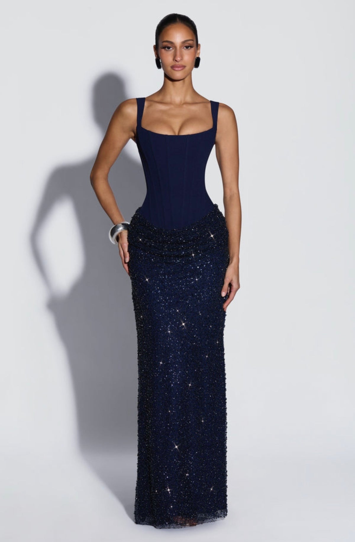 Vestido Azul Marino Tirantes Corset Falda Lentejuela ML-1097