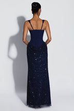 Vestido Azul Marino Tirantes Corset Falda Lentejuela ML-1097