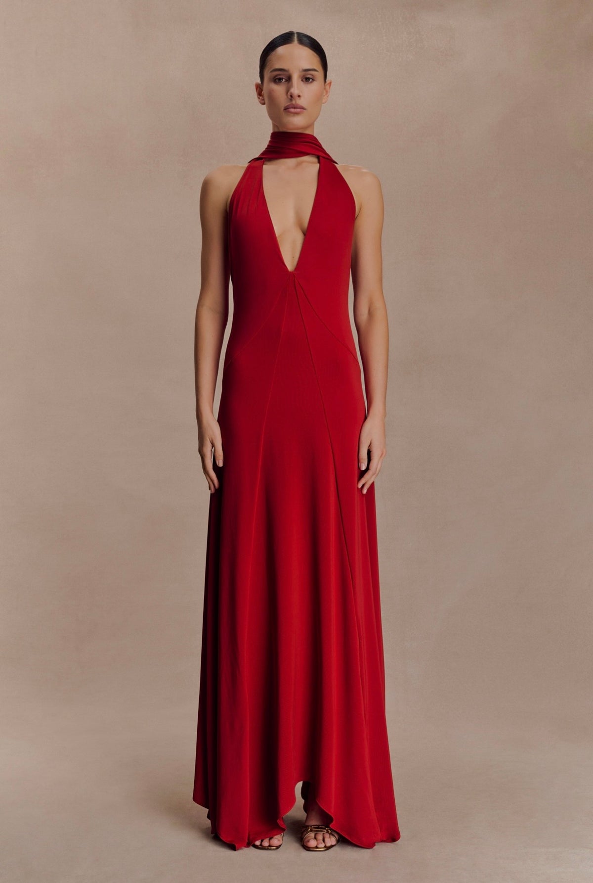 Vestido Rojo Quemado Cuello V Estola Stretch ML-996