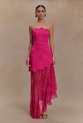 Vestido Rosa Mexicano Satín Strapless Falda Encaje MLA-509