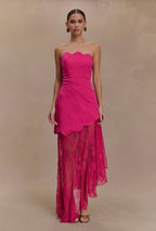 Vestido Rosa Mexicano Satín Strapless Falda Encaje MLA-509