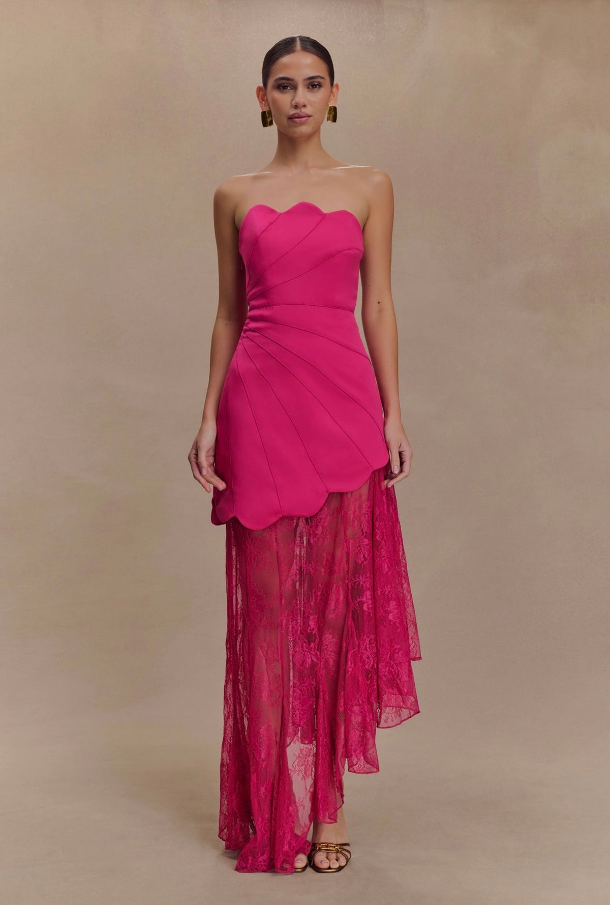 Vestido Rosa Mexicano Satín Strapless Falda Encaje MLA-509