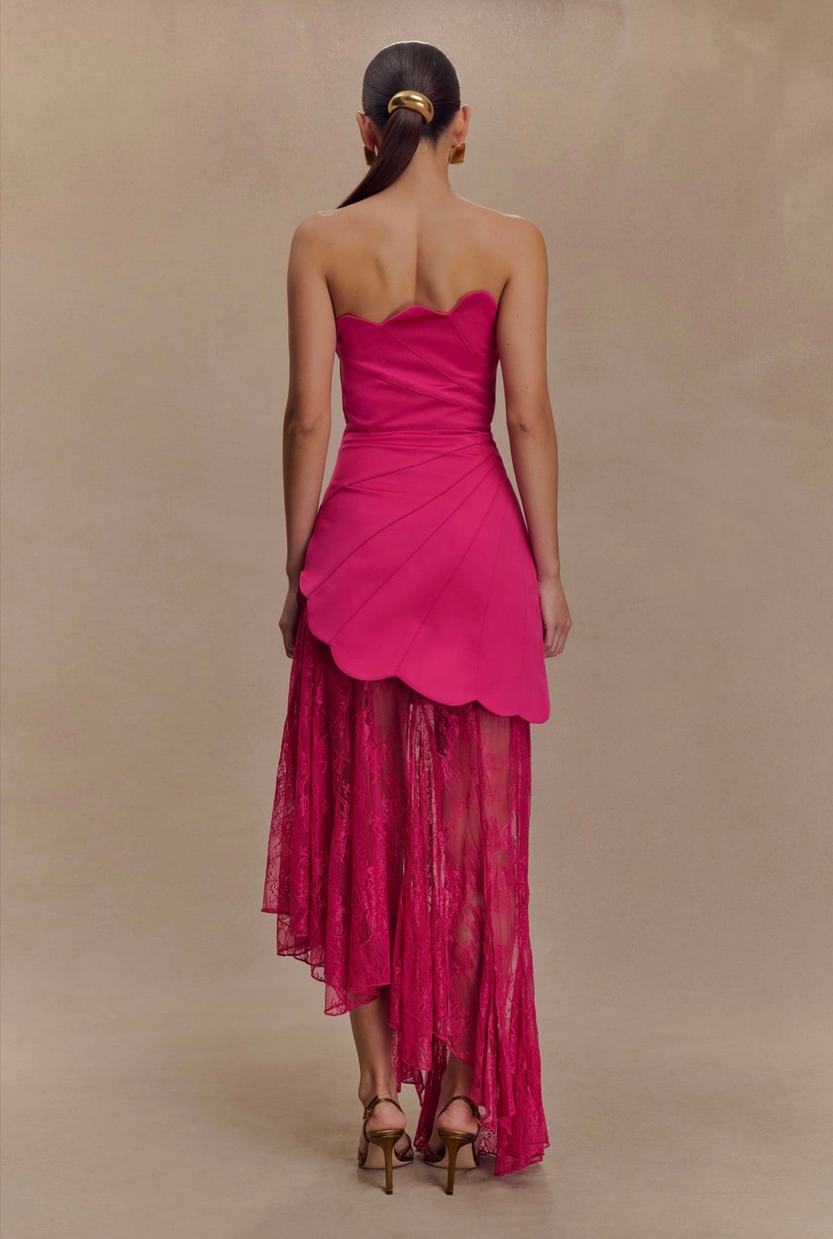 Vestido Rosa Mexicano Satín Strapless Falda Encaje MLA-509