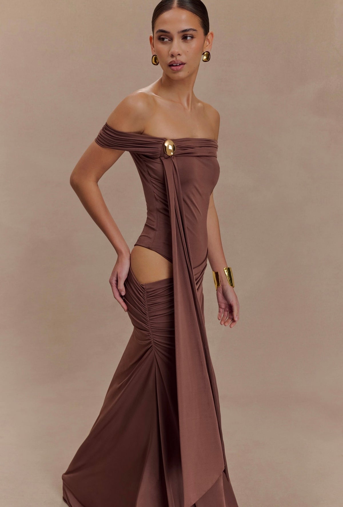 Vestido Café Mangas Hombros Body Stretch ML-442