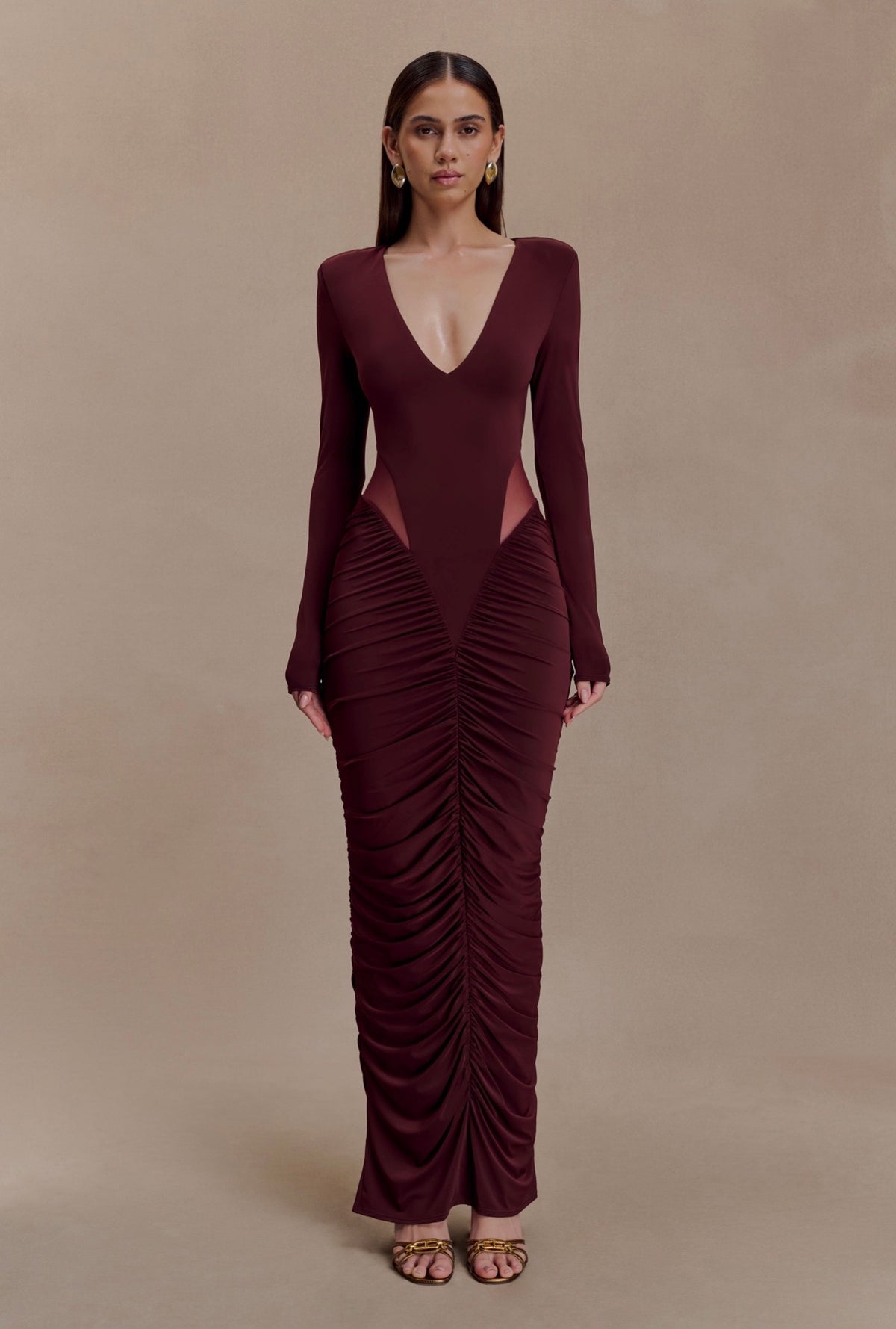 Vestido Vino Manga Larga Drapeado ML-443