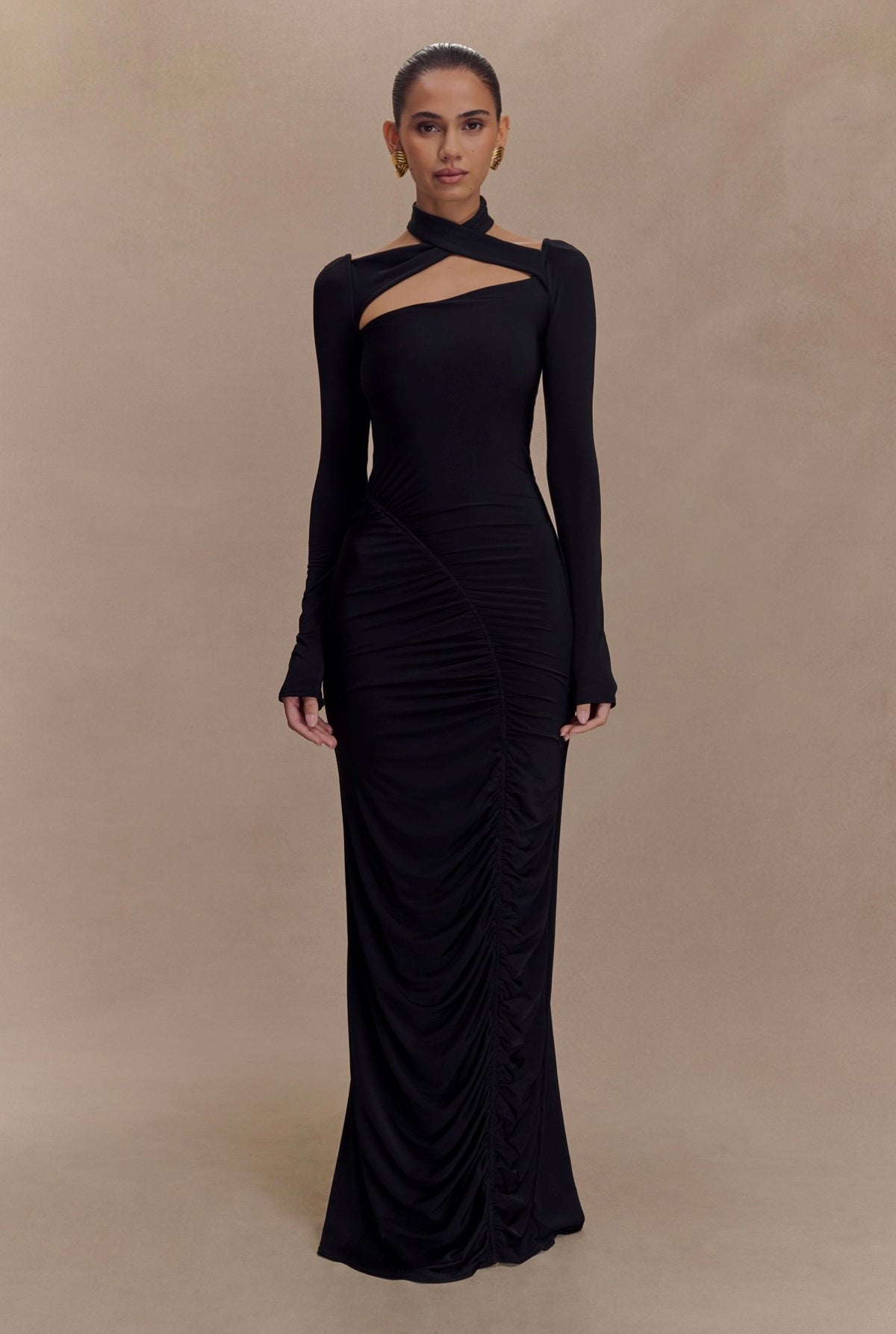 Vestido Negro Manga Larga Drapeado ML-508