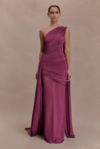 Vestido Morado Ciruela Un Hombro Stretch Estolas ML-474
