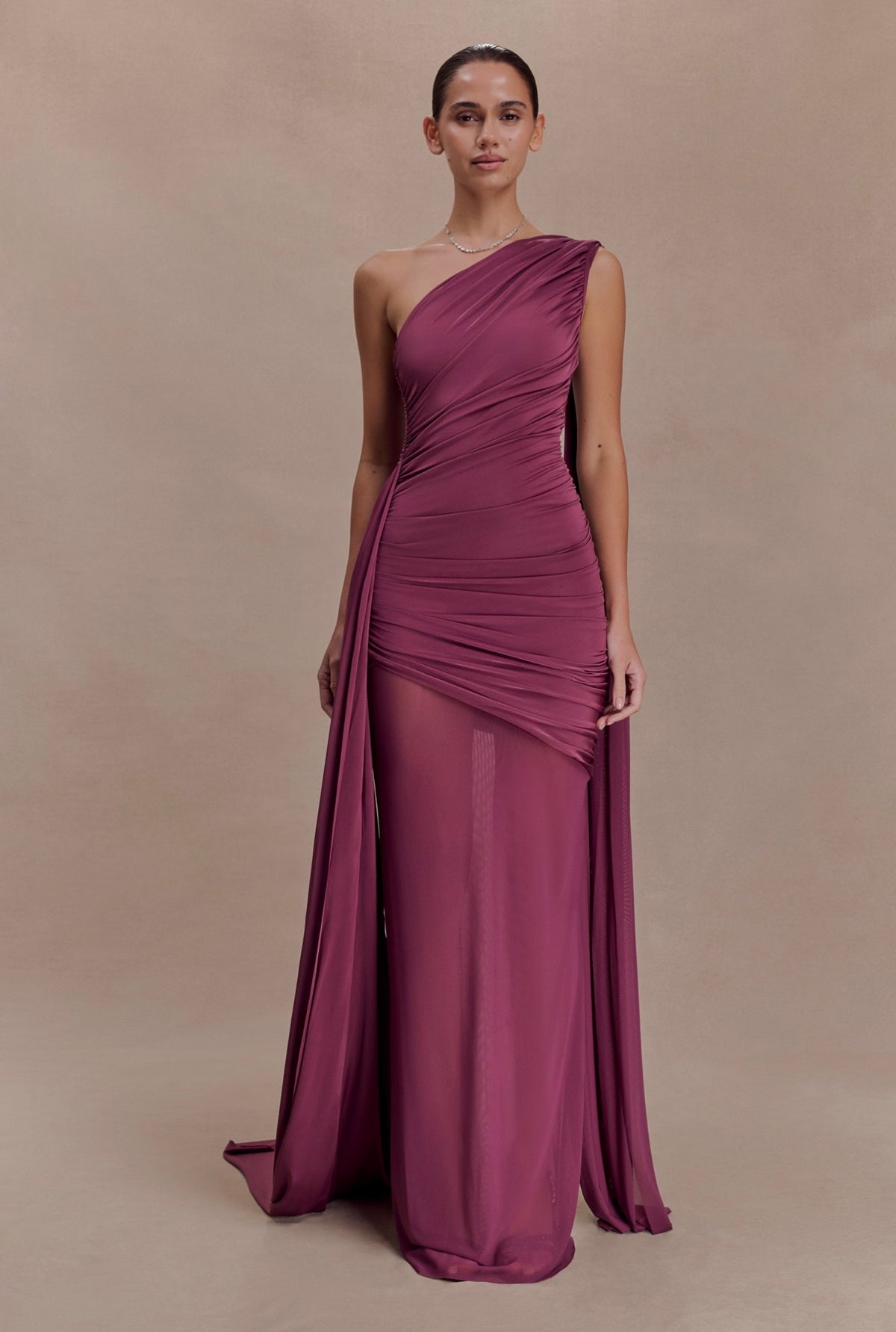 Vestido Morado Ciruela Un Hombro Stretch Estolas ML-474