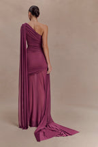 Vestido Morado Ciruela Un Hombro Stretch Estolas ML-474