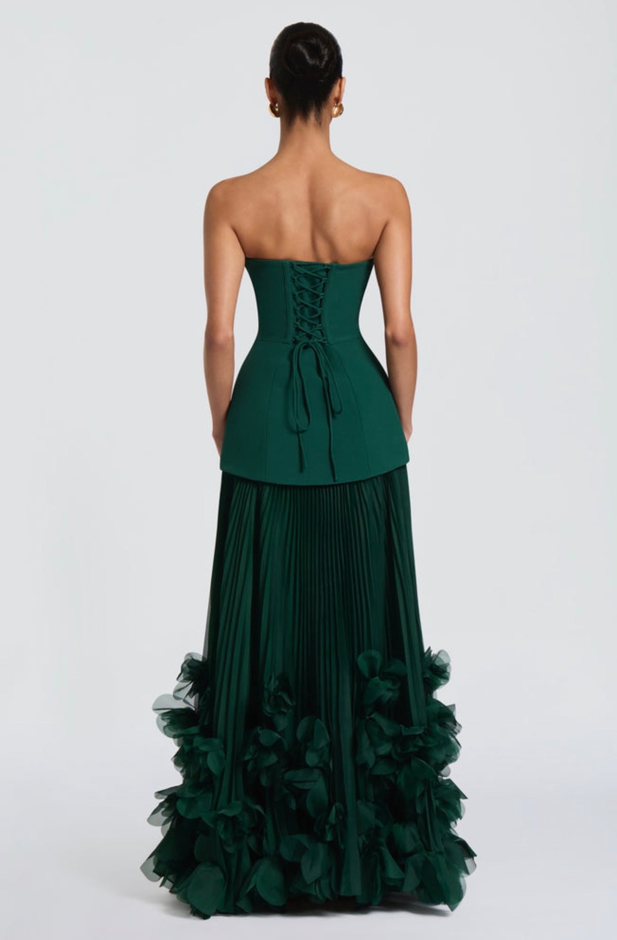 Vestido Verde Esmeralda Strapless Falda Tableada