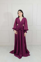 Vestido Vino Gasa Cut Out Manga Larga