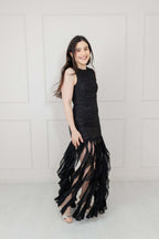 Vestido Negro Falda Gasa Flecos