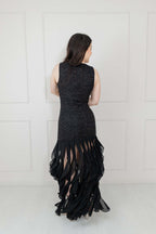 Vestido Negro Falda Gasa Flecos