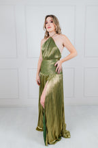 Vestido Verde Metálico Halter Drapeado