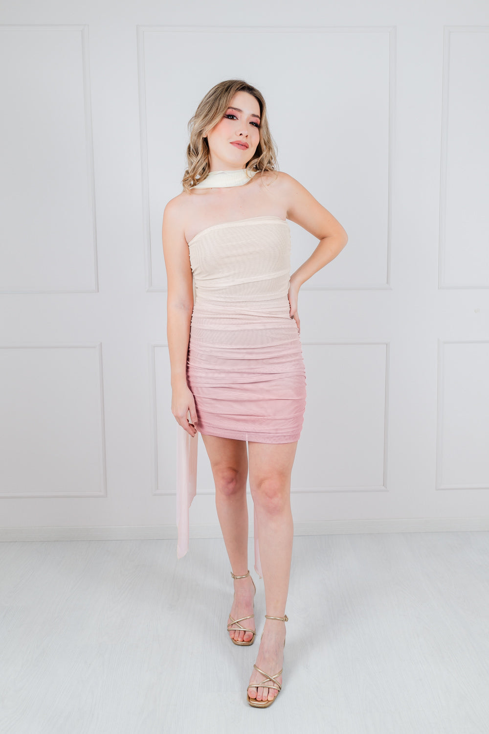 Vestido Melon Rosa Degradado Corto Mesh