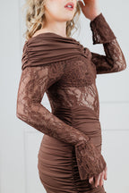 Vestido Café Manga Larga Encaje
