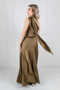 Vestido Verde Olivo Satin Halter Estola