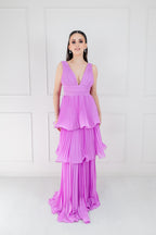 Vestido Lavanda Gasa Tableado Capas