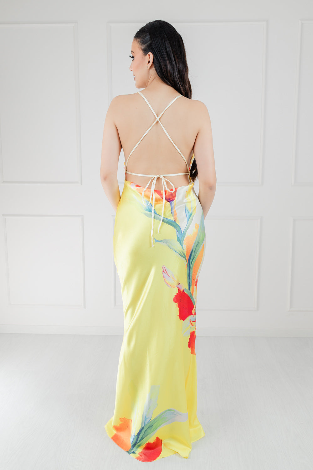 Vestido Amarillo Floral Satin