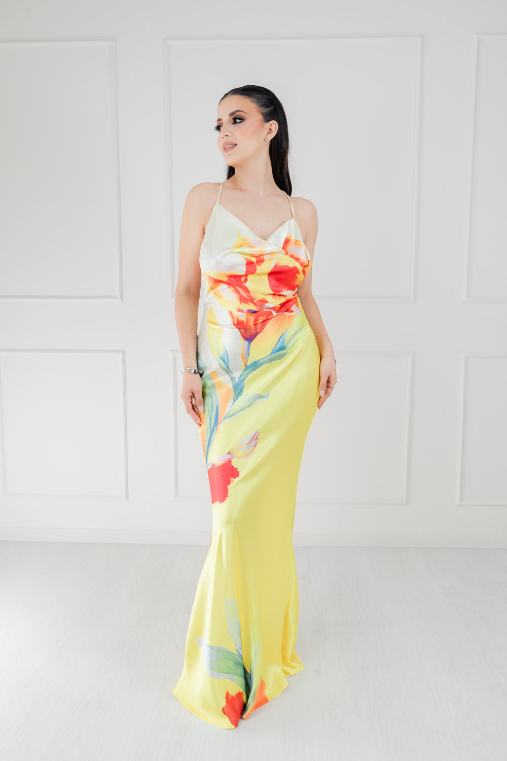 Vestido Amarillo Floral Satin