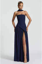 VESTIDO AZUL MARINO STRAPLESS ESTOLA