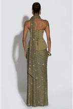 VESTIDO VERDE OLIVO LENTEJUELA ESTOLA