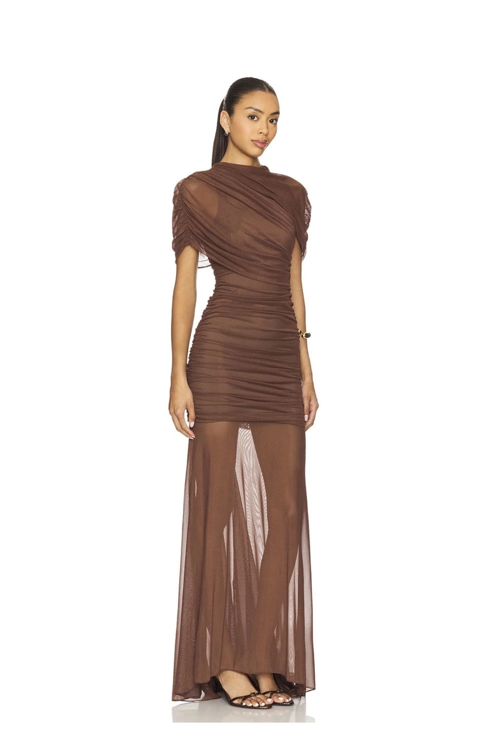 VESTIDO CAFÉ MESH CAPA TRANSPARENCIA