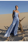 VESTIDO AZUL METALICO TABLEADO
