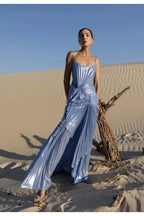 VESTIDO AZUL METALICO TABLEADO