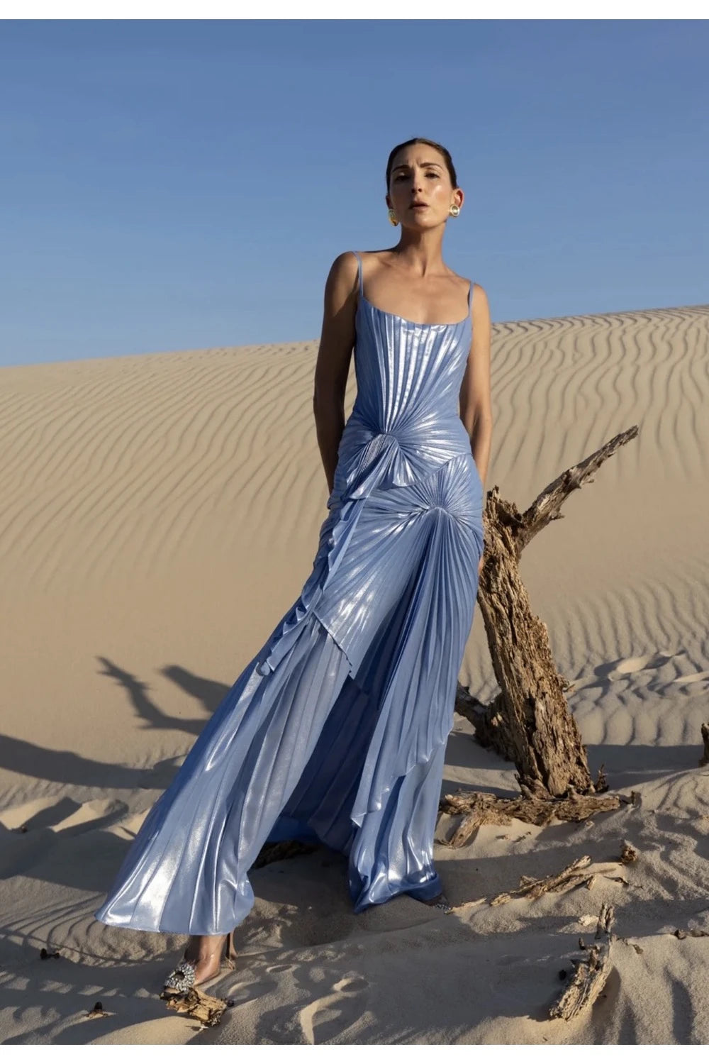 VESTIDO AZUL METALICO TABLEADO