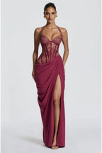 VESTIDO VINO ENCAJE CORSET
