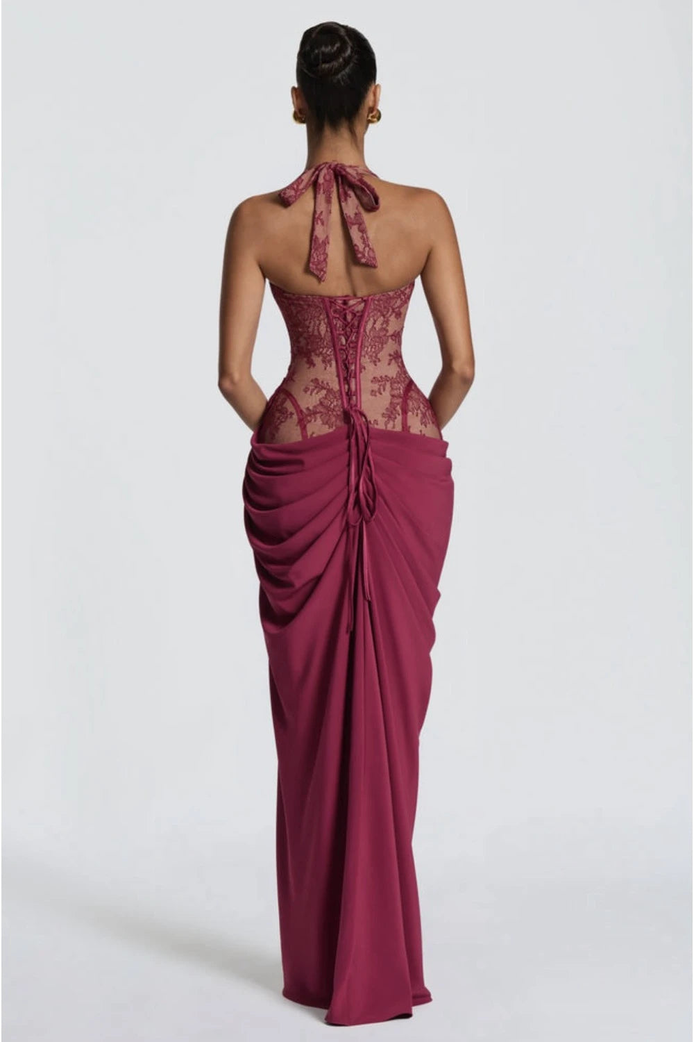 VESTIDO VINO ENCAJE CORSET