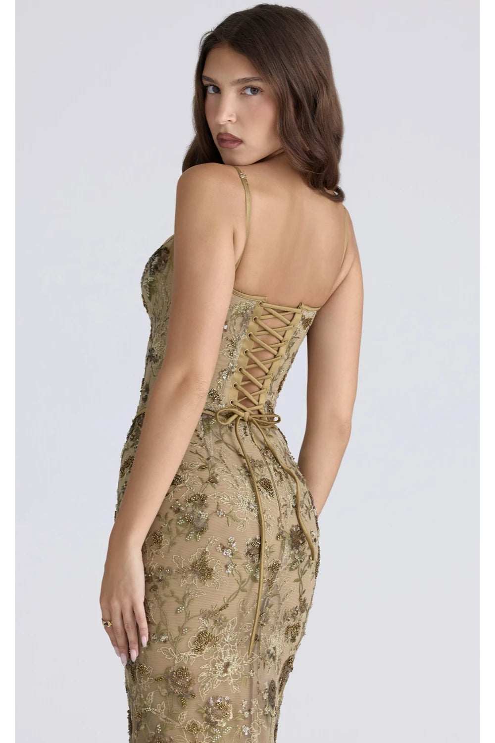 VESTIDO VERDE OLIVO LENTEJUELA CORSET